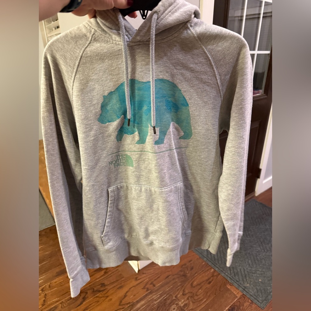The North Face women’s heather Gray Hoodie with turquois blue Bear Design